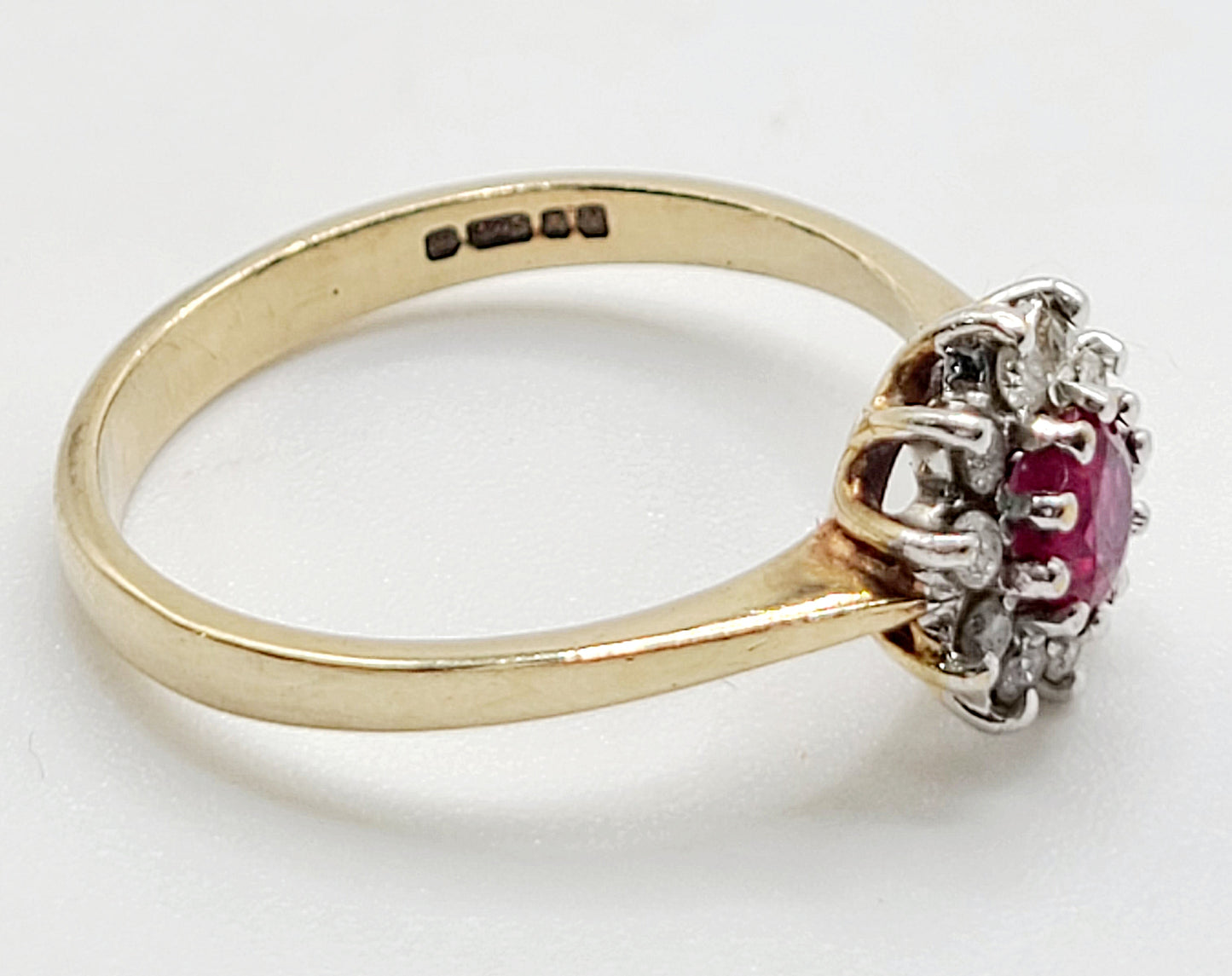 Vintage Ruby Diamond Halo on 9ct Gold Band M