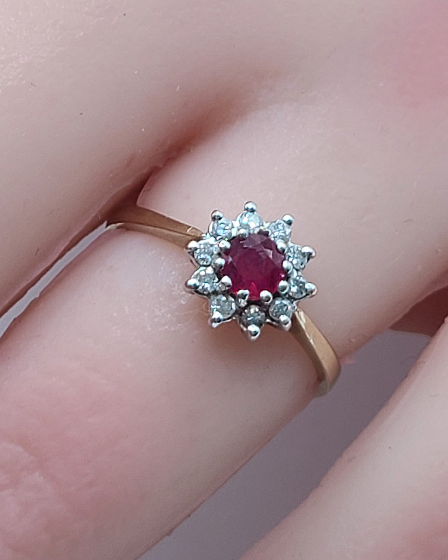 Vintage Ruby Diamond Halo on 9ct Gold Band M