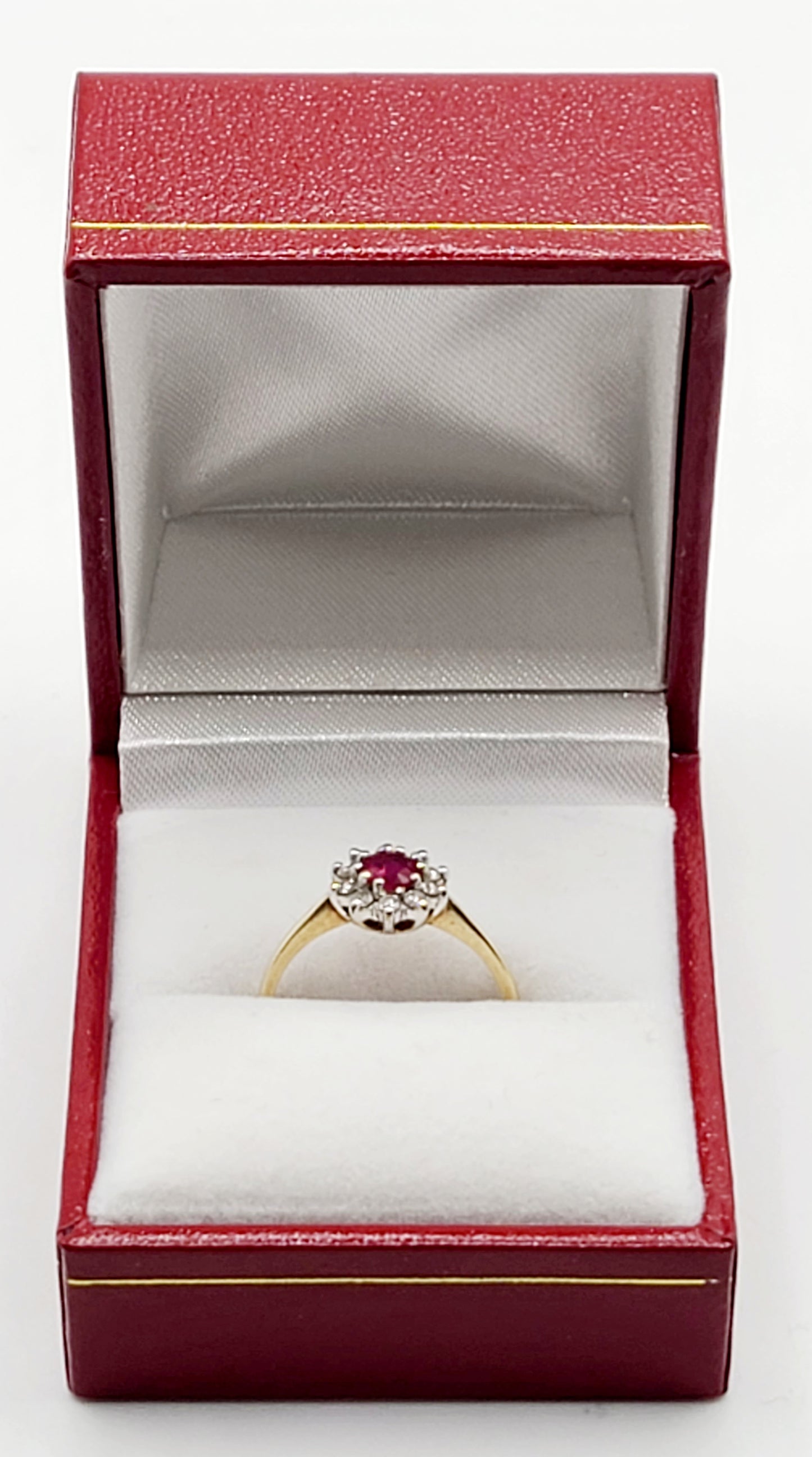 Vintage Ruby Diamond Halo on 9ct Gold Band M