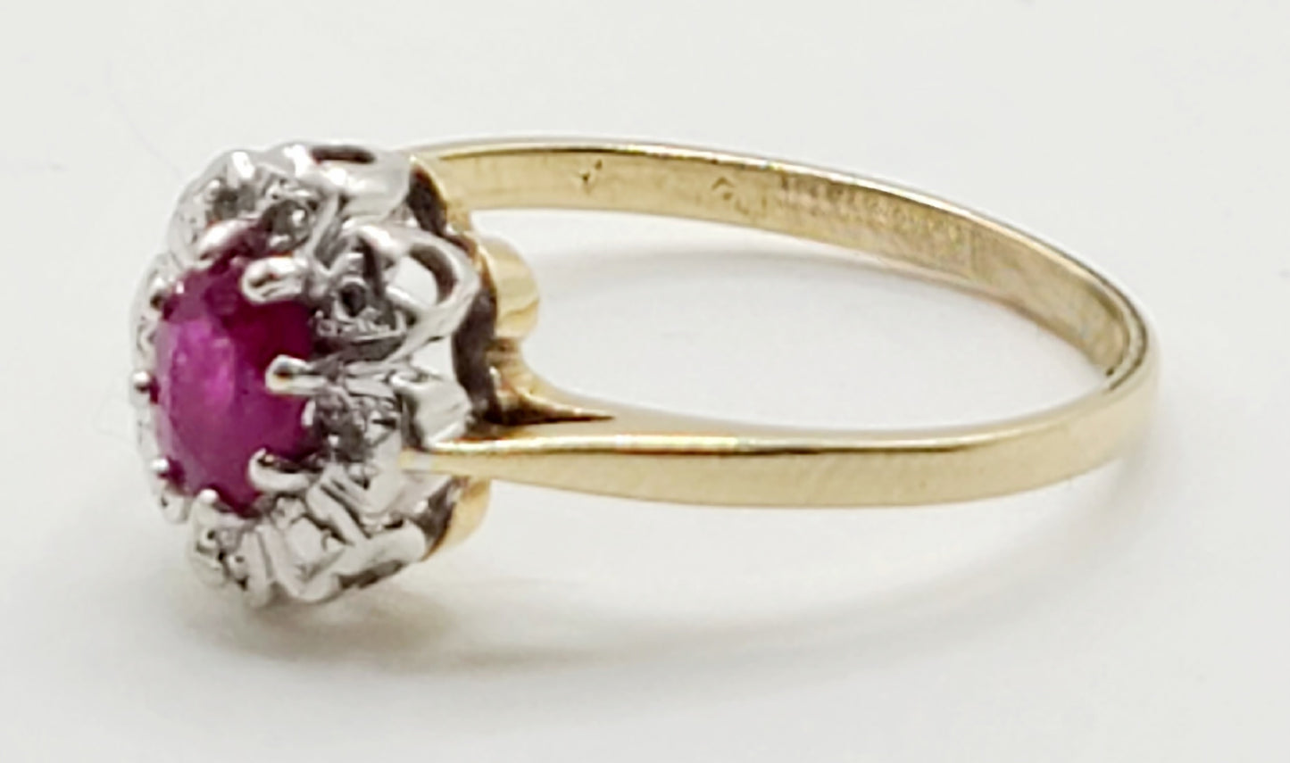 Vintage 1ct Ruby & Diamond Halo 9ct Gold Ring Size M