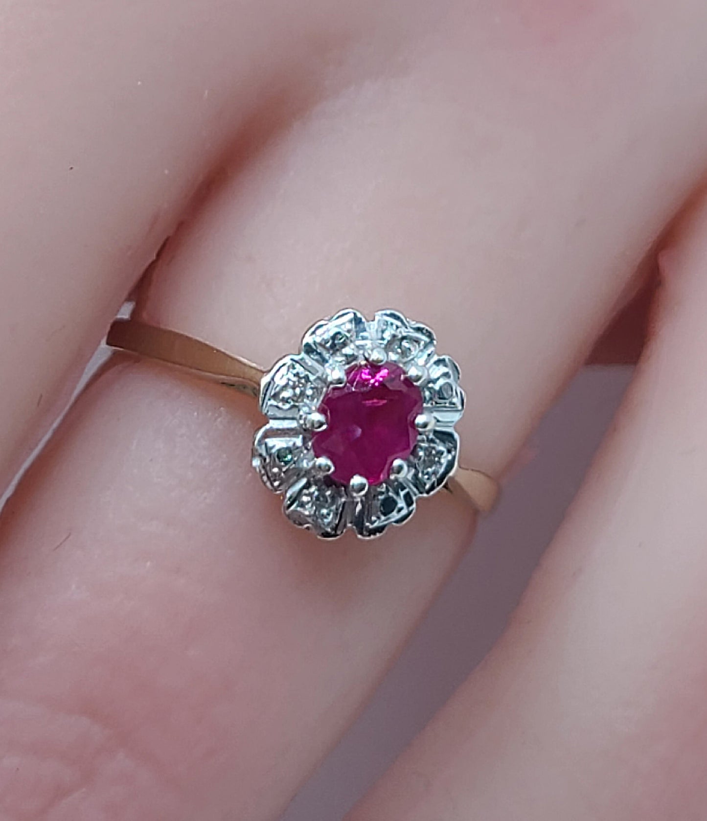 Vintage 1ct Ruby & Diamond Halo 9ct Gold Ring Size M