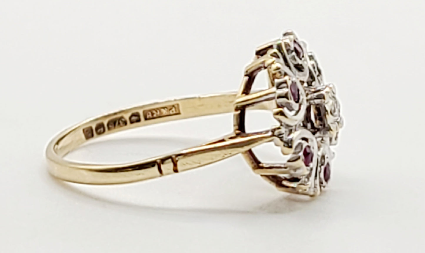 Vintage Art Deco Style Ruby & Diamond Cluster Ring 9ct Gold Band