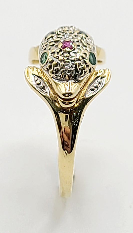 Asprey Diamond, Emerald, Sapphire & Ruby Dolphin 9ct Gold Ring- Size M½