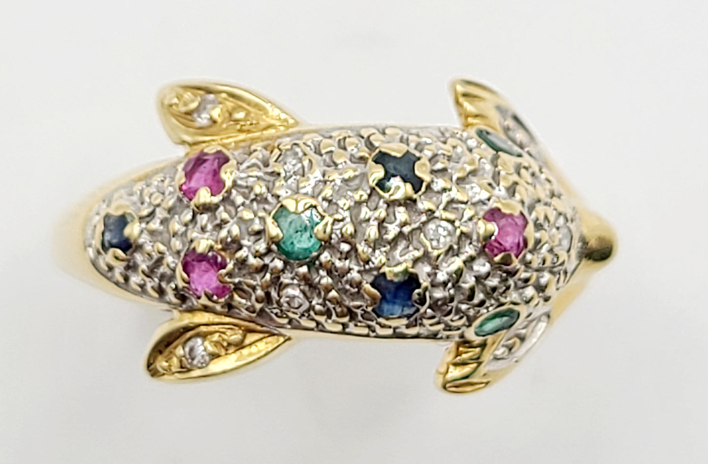 Asprey Diamond, Emerald, Sapphire & Ruby Dolphin 9ct Gold Ring- Size M½