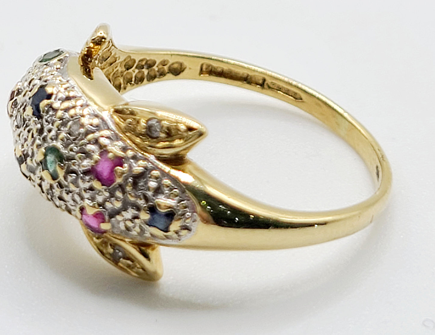 Asprey Diamond, Emerald, Sapphire & Ruby Dolphin 9ct Gold Ring- Size M½
