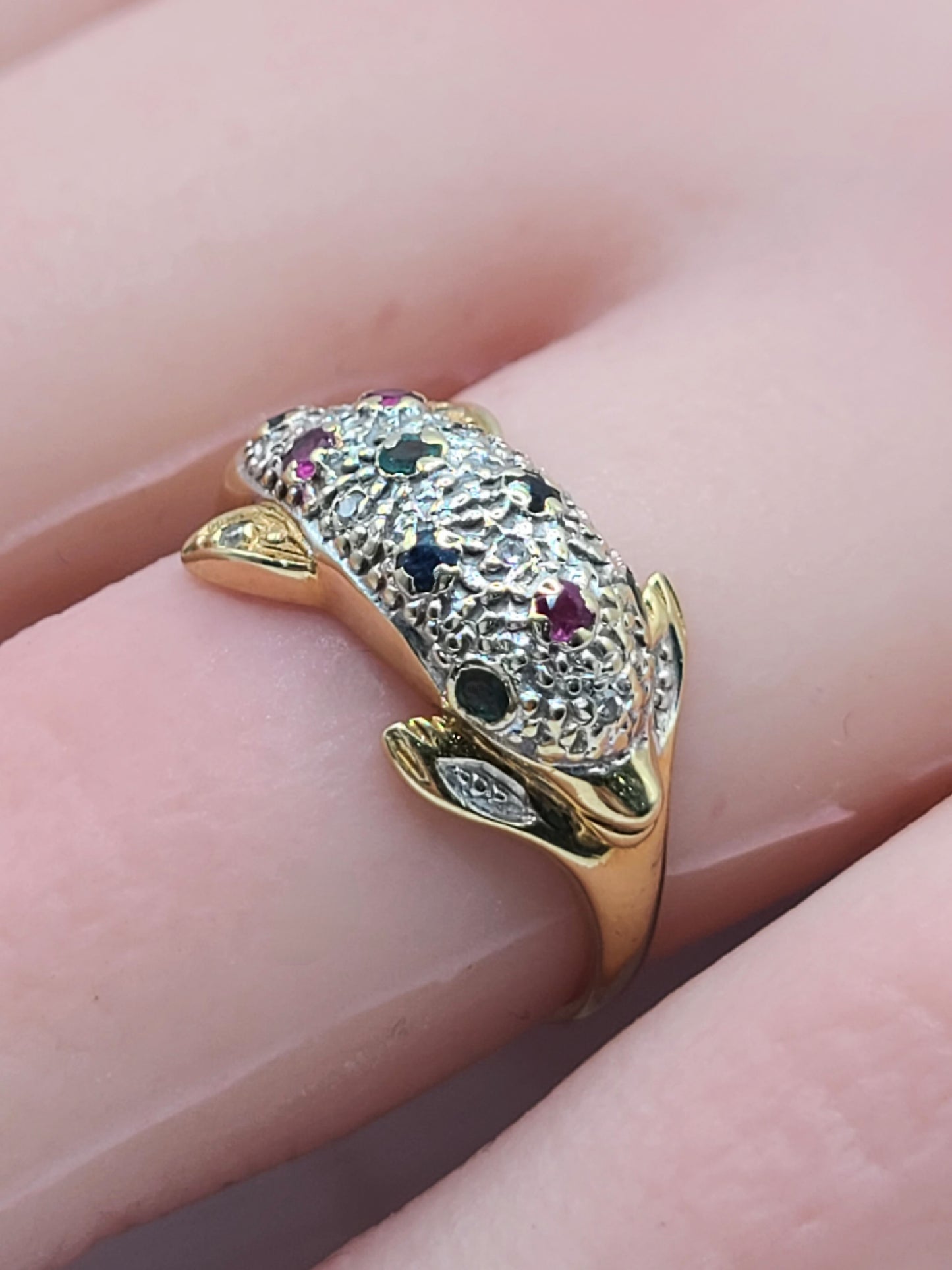 Asprey Diamond, Emerald, Sapphire & Ruby Dolphin 9ct Gold Ring- Size M½