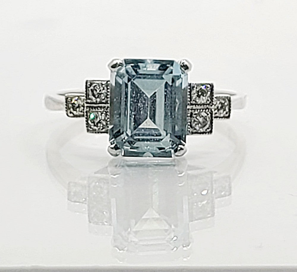 Platinum Emerald Cut Aquamarine (approx 2ct) Diamond Ring (O)