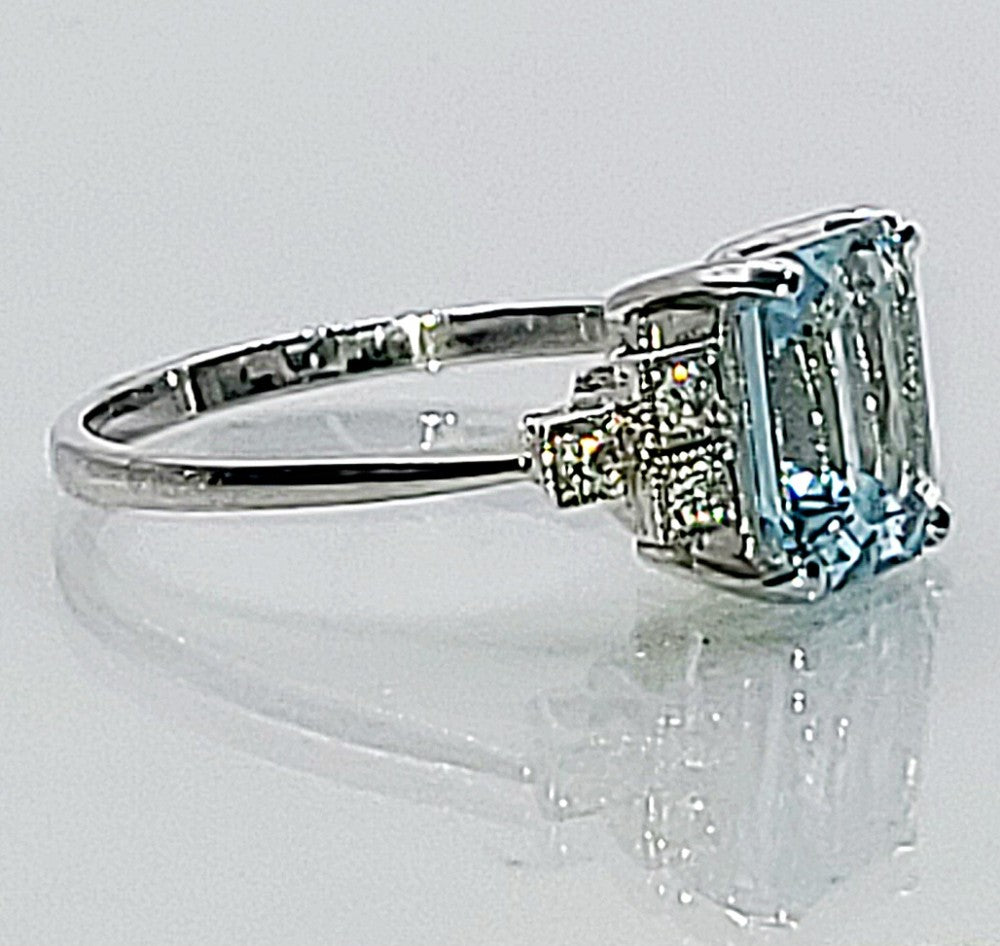 Platinum Emerald Cut Aquamarine (approx 2ct) Diamond Ring (O)
