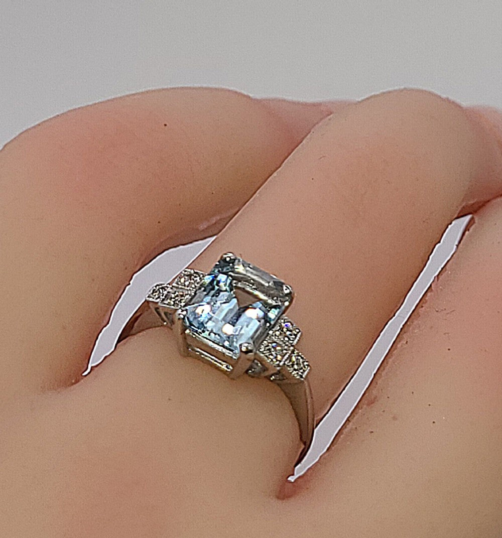 Platinum Emerald Cut Aquamarine (approx 2ct) Diamond Ring (O)