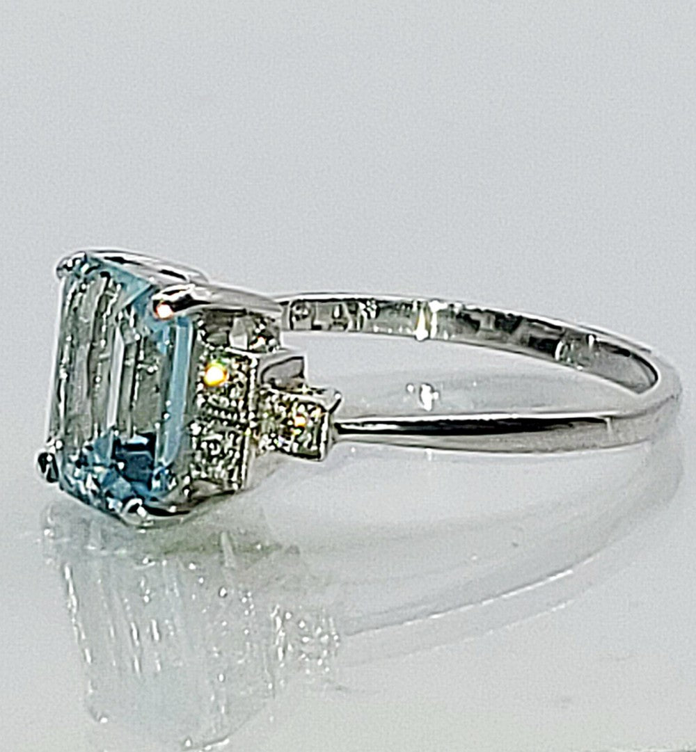 Platinum Emerald Cut Aquamarine (approx 2ct) Diamond Ring (O)