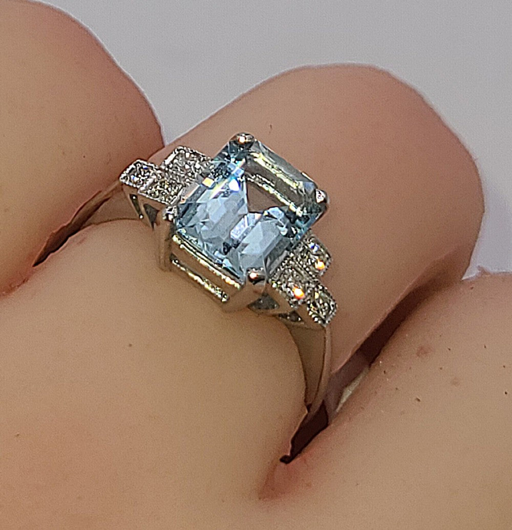 Platinum Emerald Cut Aquamarine (approx 2ct) Diamond Ring (O)