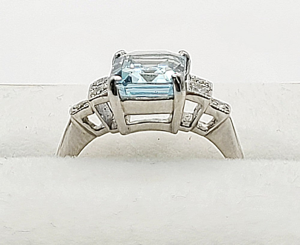 Platinum Emerald Cut Aquamarine (approx 2ct) Diamond Ring (O)