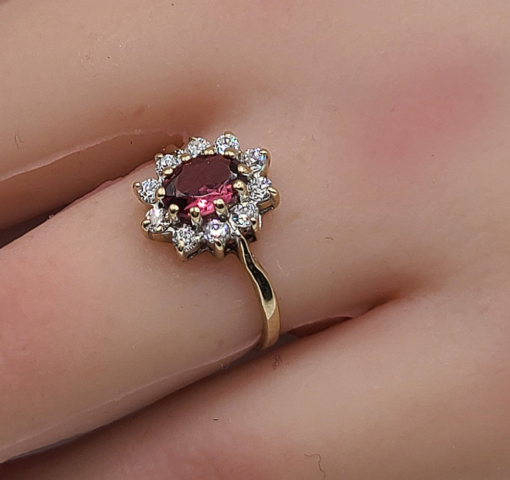 Oval Cut Garnet & CZ halo 9ct Gold Ring (L)