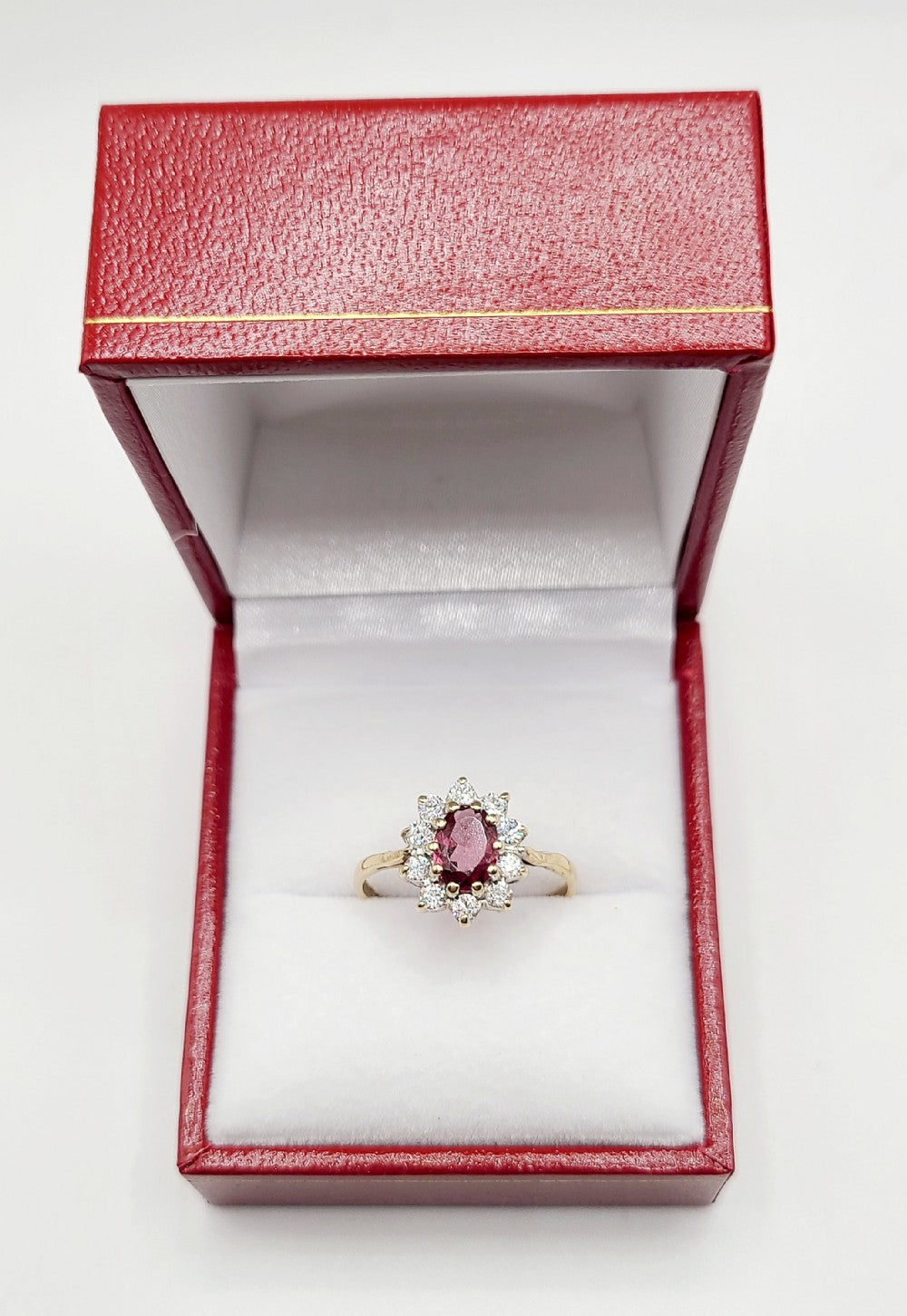 Oval Cut Garnet & CZ halo 9ct Gold Ring (L)
