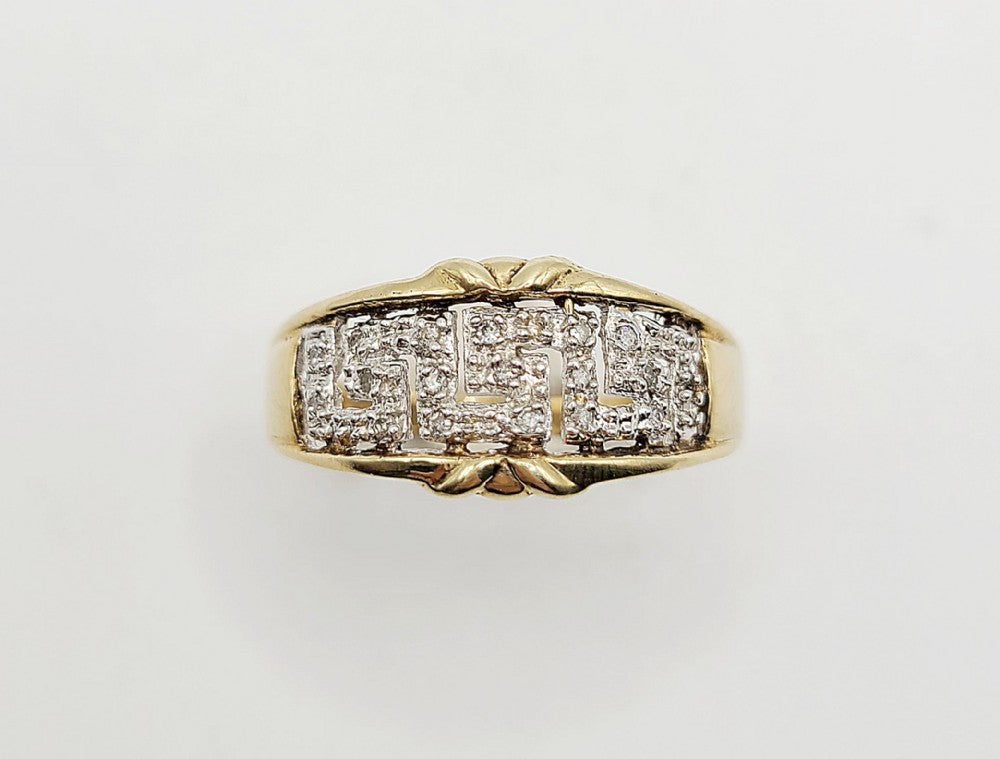 Greek Key Pattern Diamond White & Yellow 9ct Gold Ring (V)