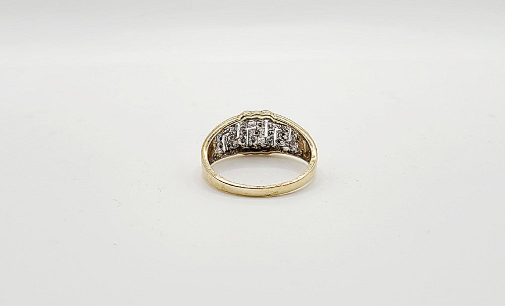 Greek Key Pattern Diamond White & Yellow 9ct Gold Ring (V)