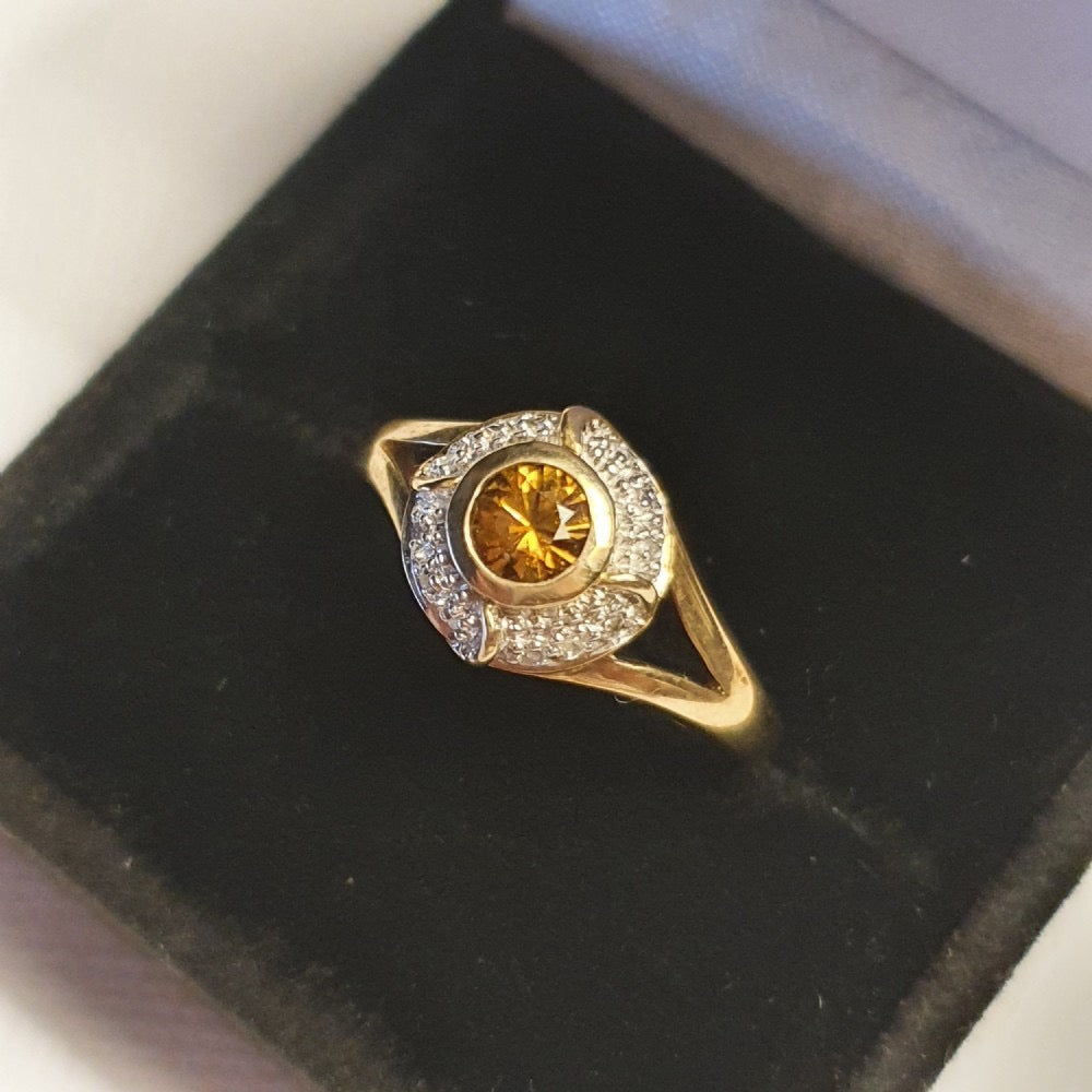 Citrine & Diamond Halo Art Deco "Target" Style Ring on 10ct White & Yellow Gold
