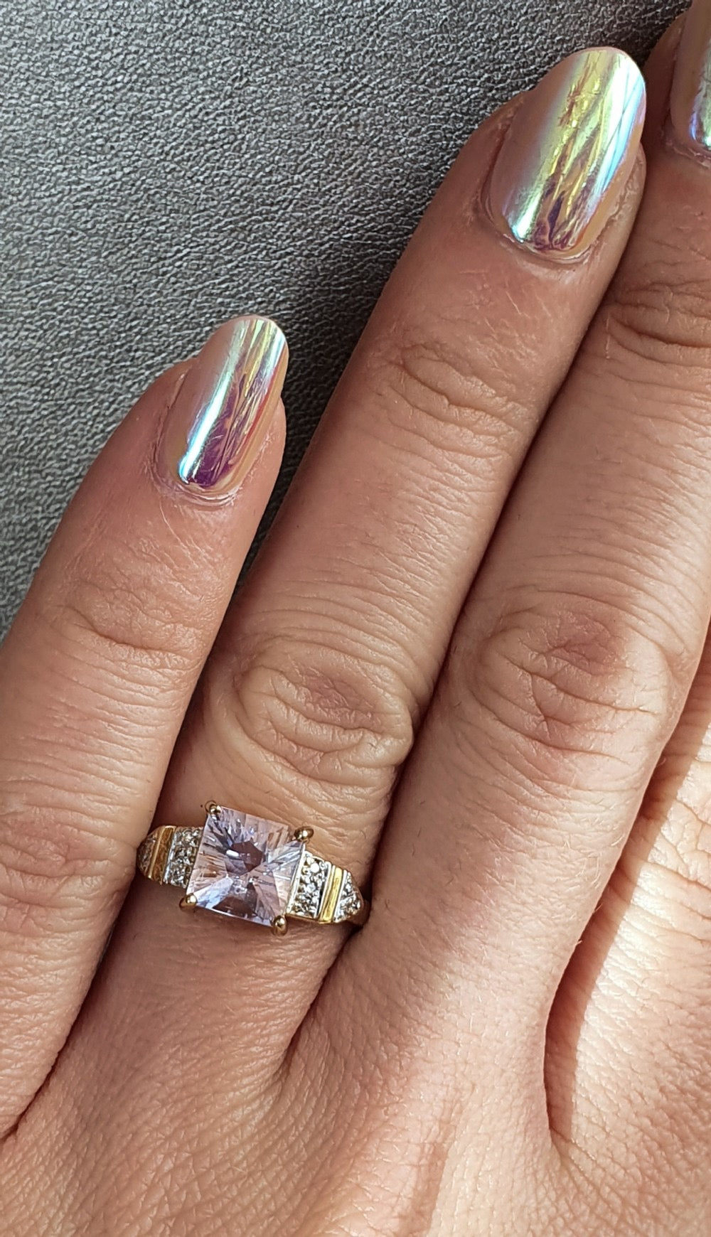 Vintage 2ct Princess Morganite & Diamond Stepped Shoulders 9ct Gold Ring