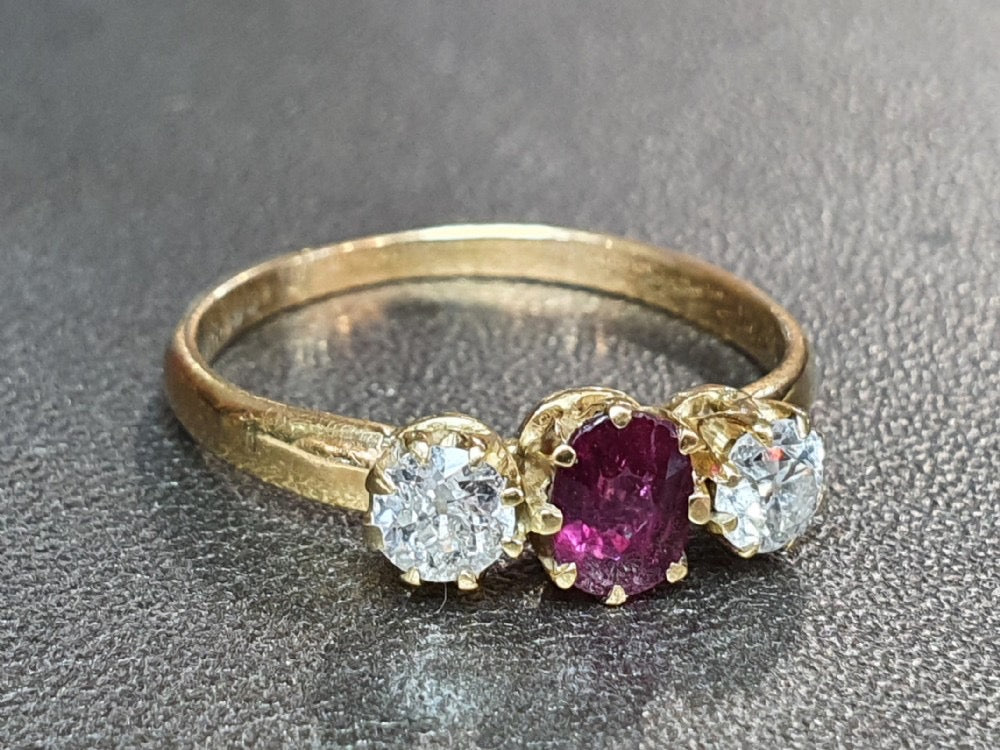 Antique Art Deco Ruby & Diamond Trilogy Ring 18ct Gold Band