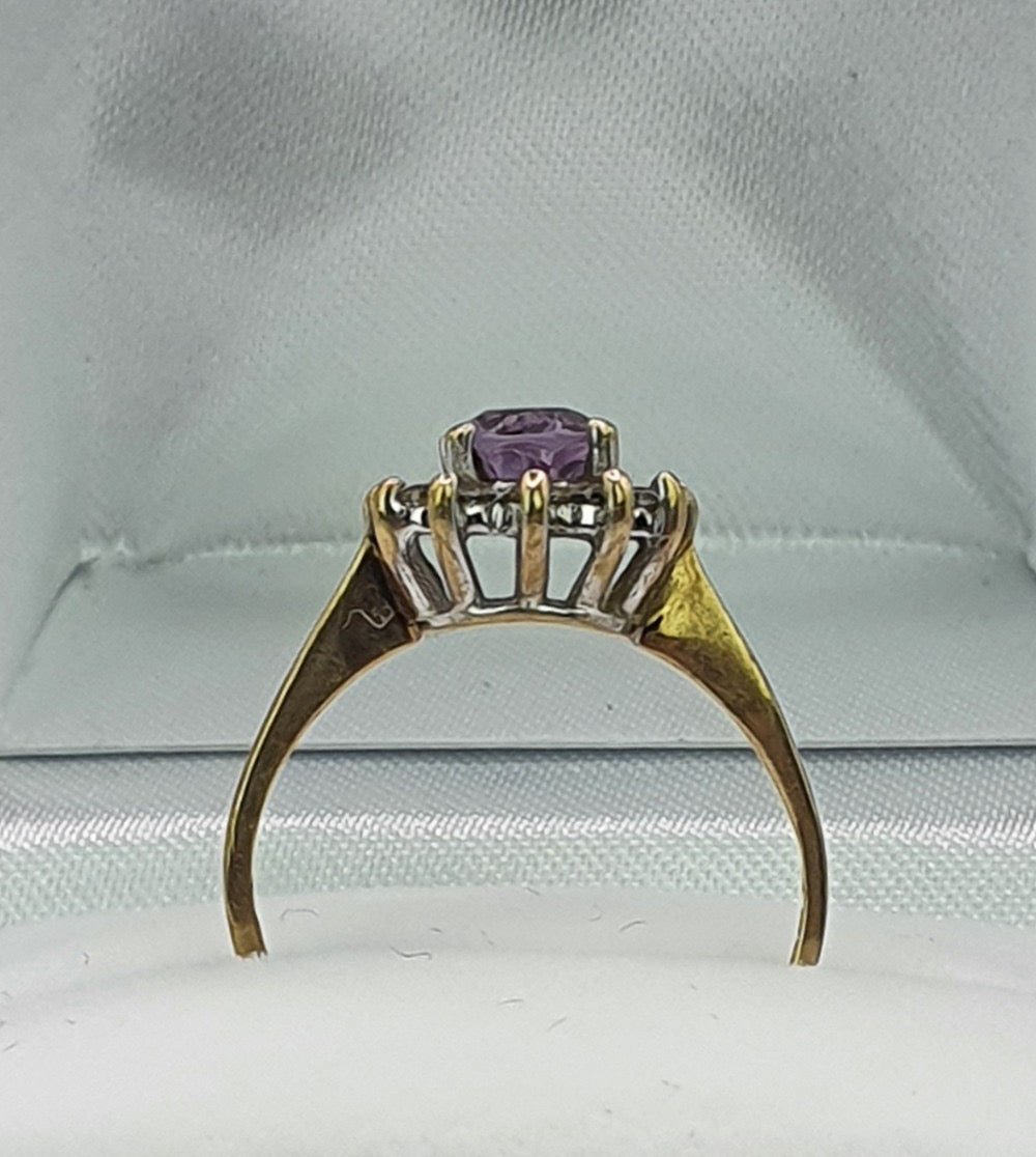 Vintage Amethyst & Diamond Halo Ring 9ct Gold