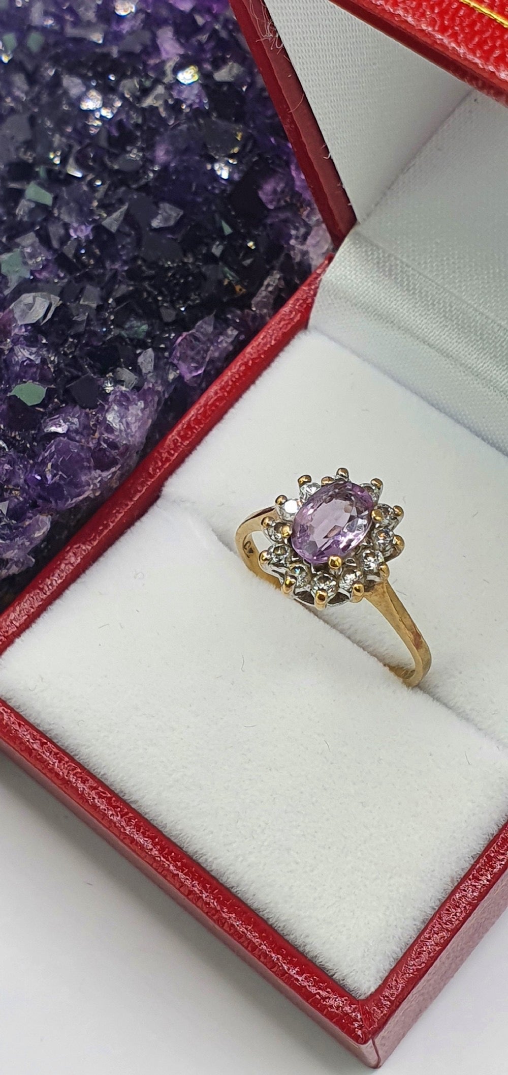 Vintage Amethyst & Diamond Halo Ring 9ct Gold