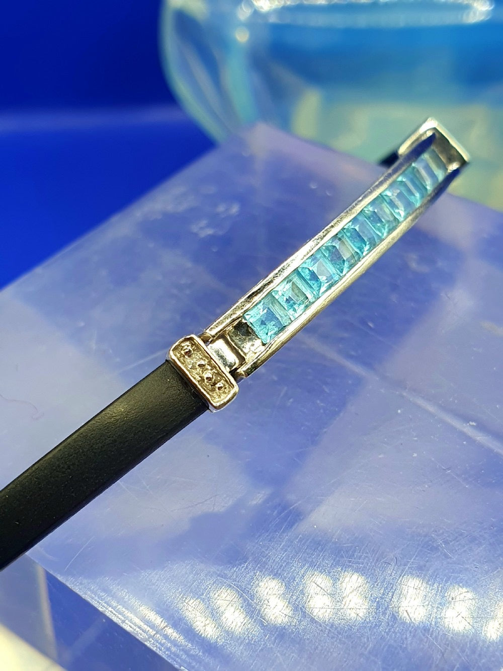 Princess Cut Blue Topaz Bracelet With Diamond Shoulders