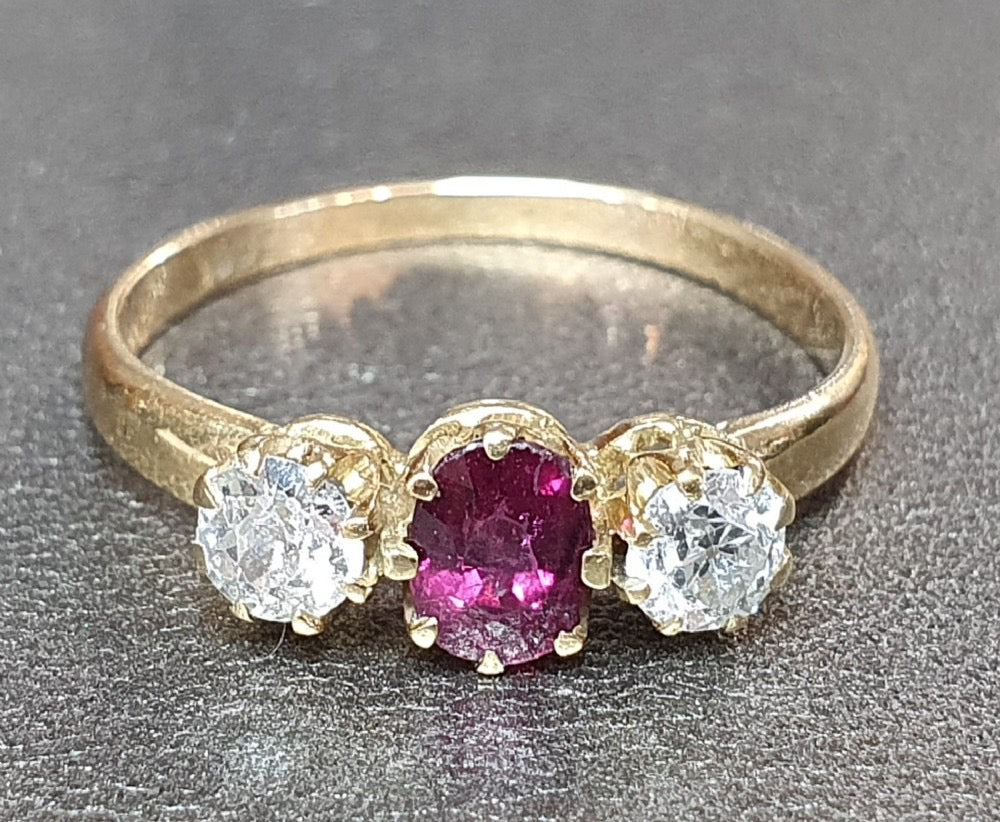 Antique Art Deco Ruby & Diamond Trilogy Ring 18ct Gold Band