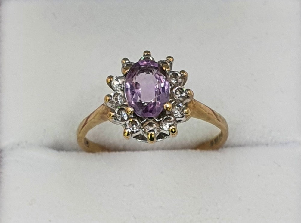 Vintage Amethyst & Diamond Halo Ring 9ct Gold