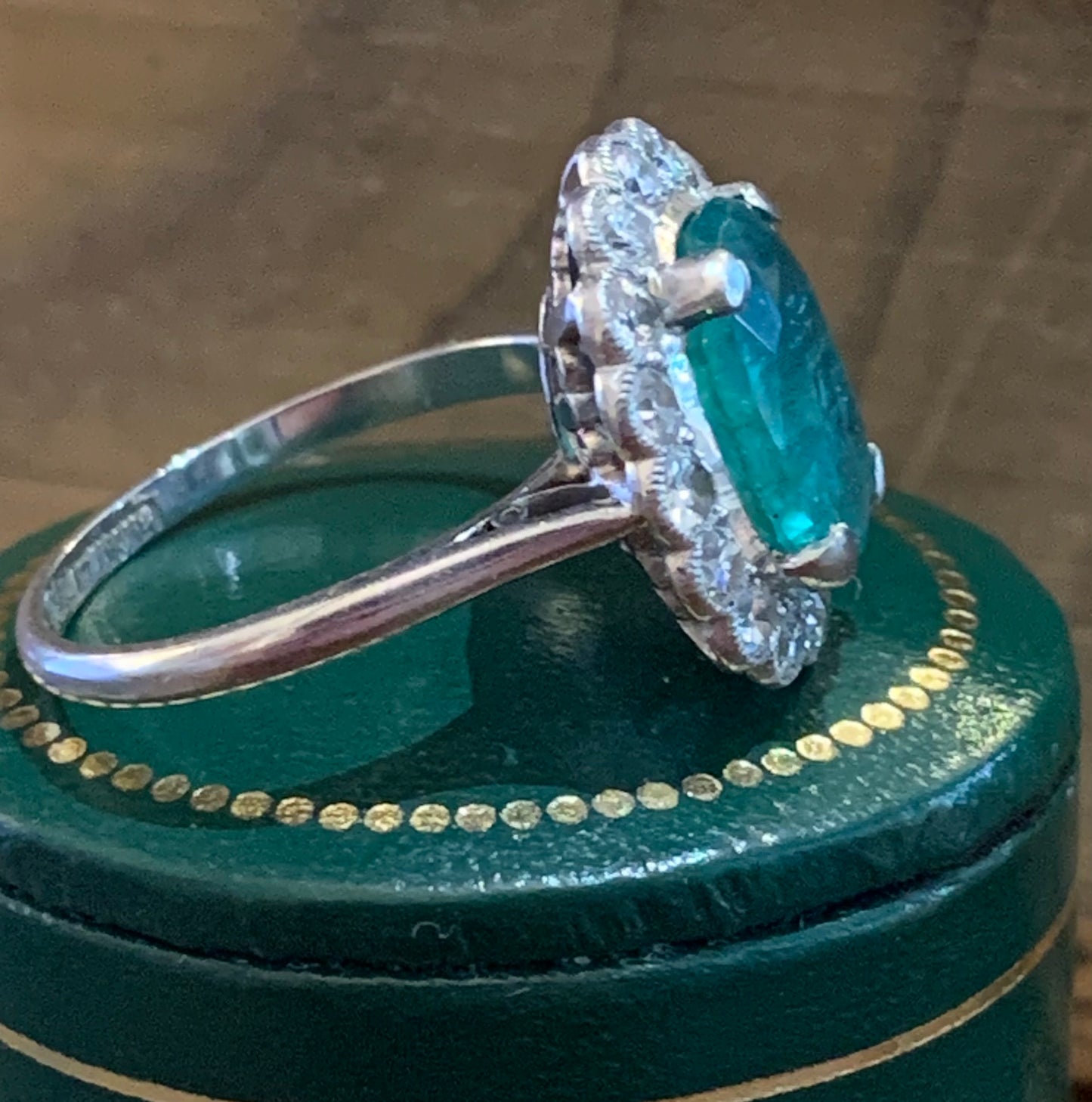 Art Deco 2.1ct Emerald and Diamond Platinum Cluster Ring - Size - M