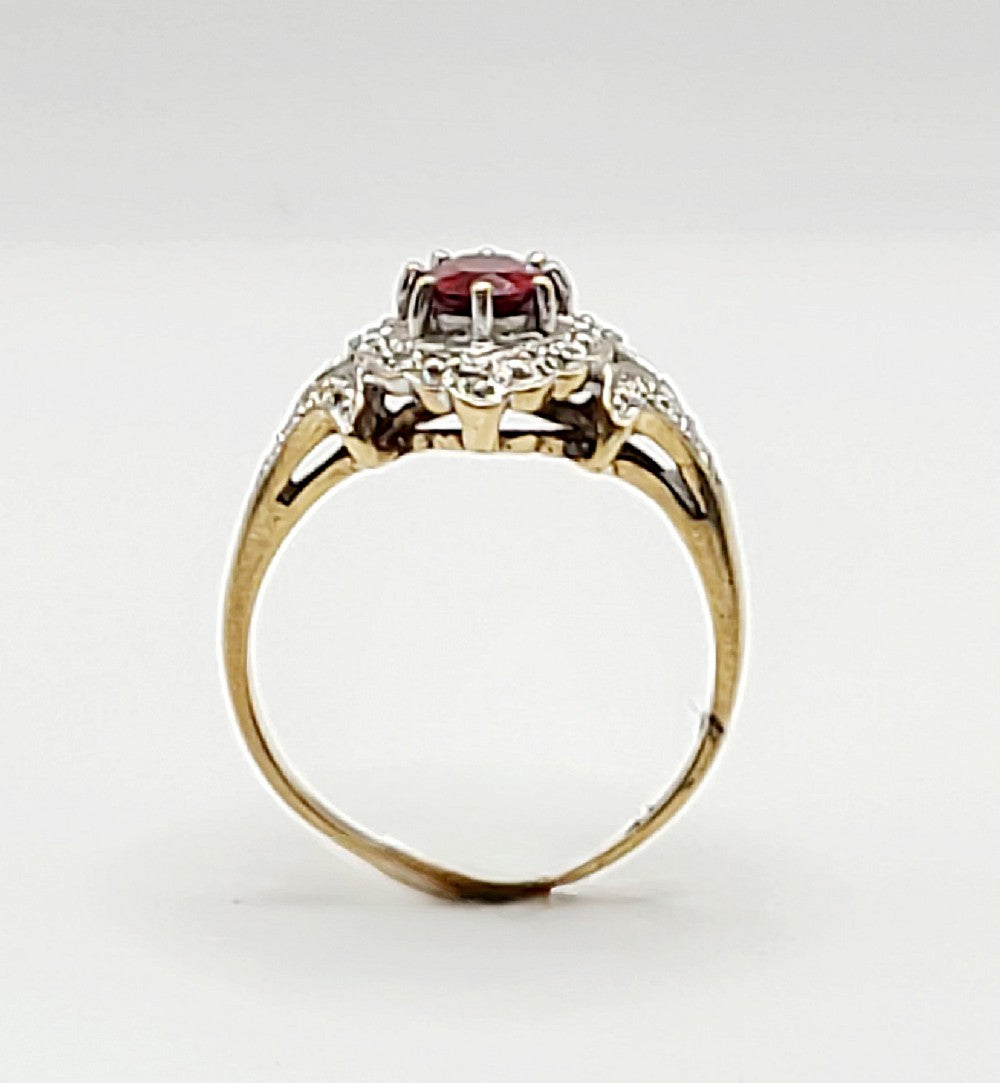 Oval Cut Garnet with Diamond Suround & shoulders 9ct Gold Ring (P1/2)