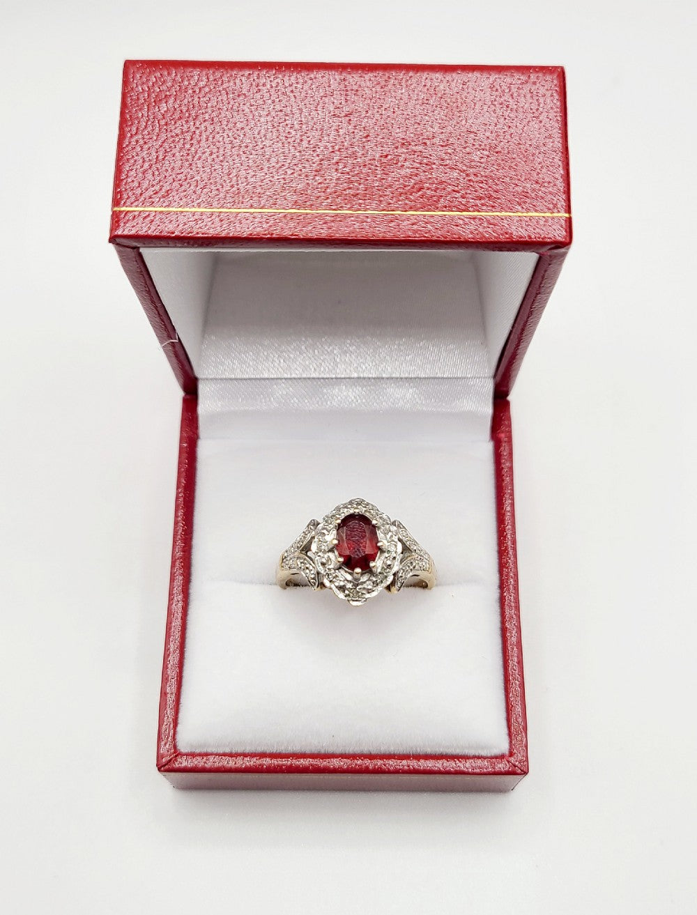 Oval Cut Garnet with Diamond Suround & shoulders 9ct Gold Ring (P1/2)