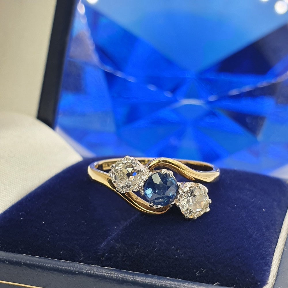 Art Deco Sapphire & Diamond Trilogy 18ct Gold & Platinum Twist