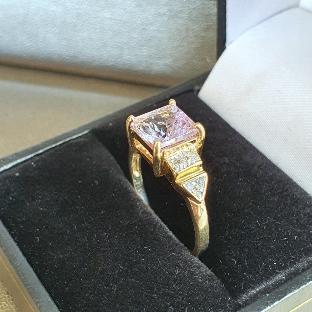 Vintage 2ct Princess Morganite & Diamond Stepped Shoulders 9ct Gold Ring