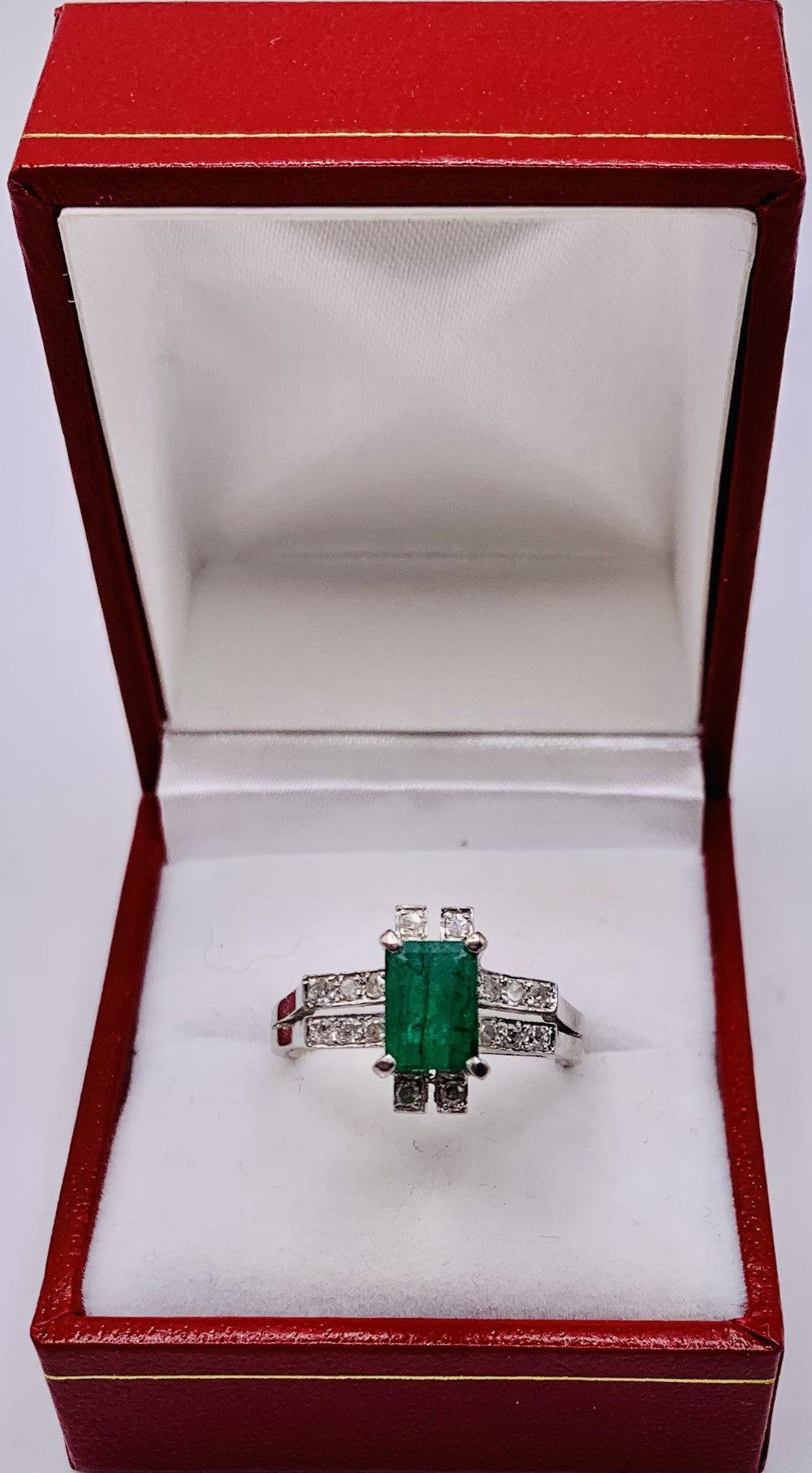 Art Deco Design Natural Emerald & Diamond 14ct Gold Ring - Size Q