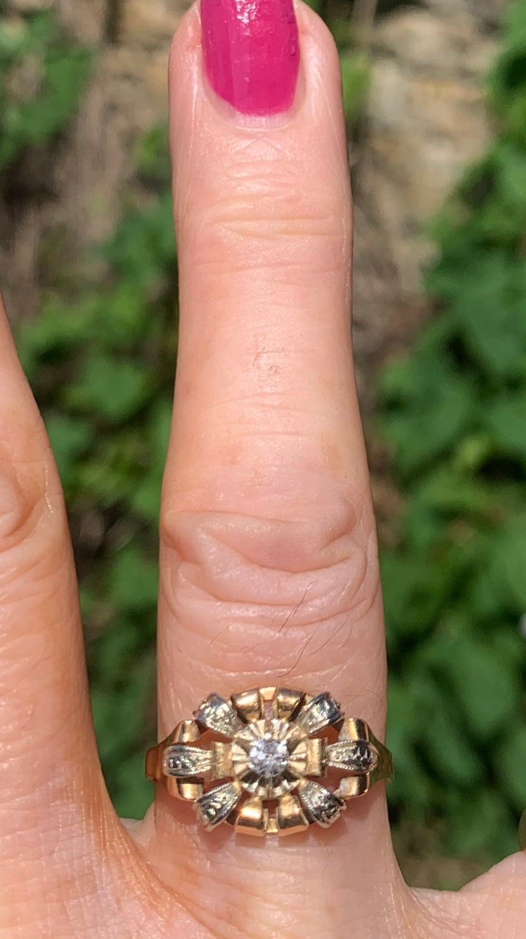 French Art Deco 18ct Gold Diamond Ring - Size R 1/2