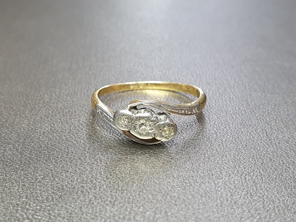 Art Deco 18ct Gold Platinum & Diamond Trilogy Wishbone Ring