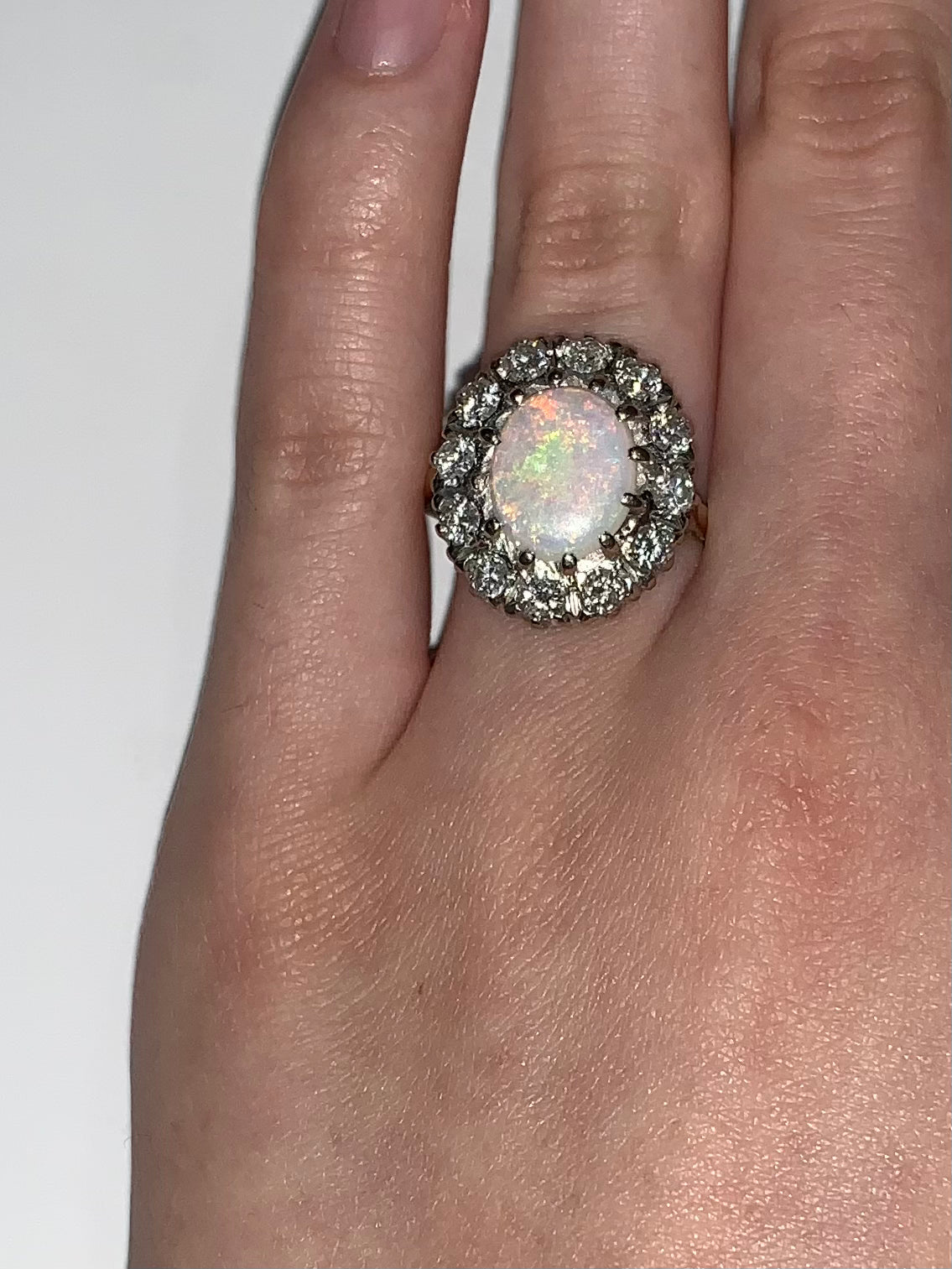 Opal & diamond halo cluster 18ct gold ring