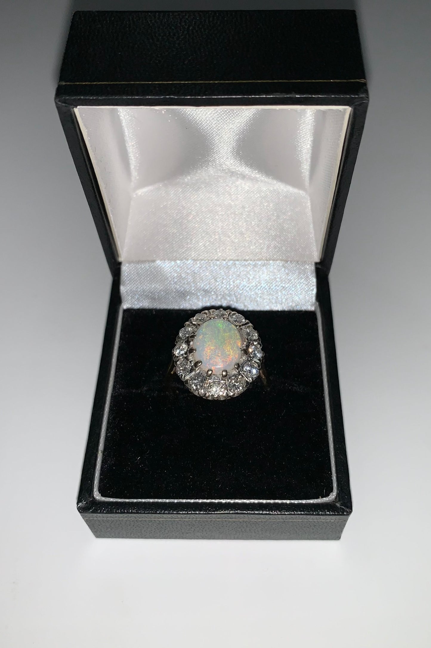 Opal & diamond halo cluster 18ct gold ring