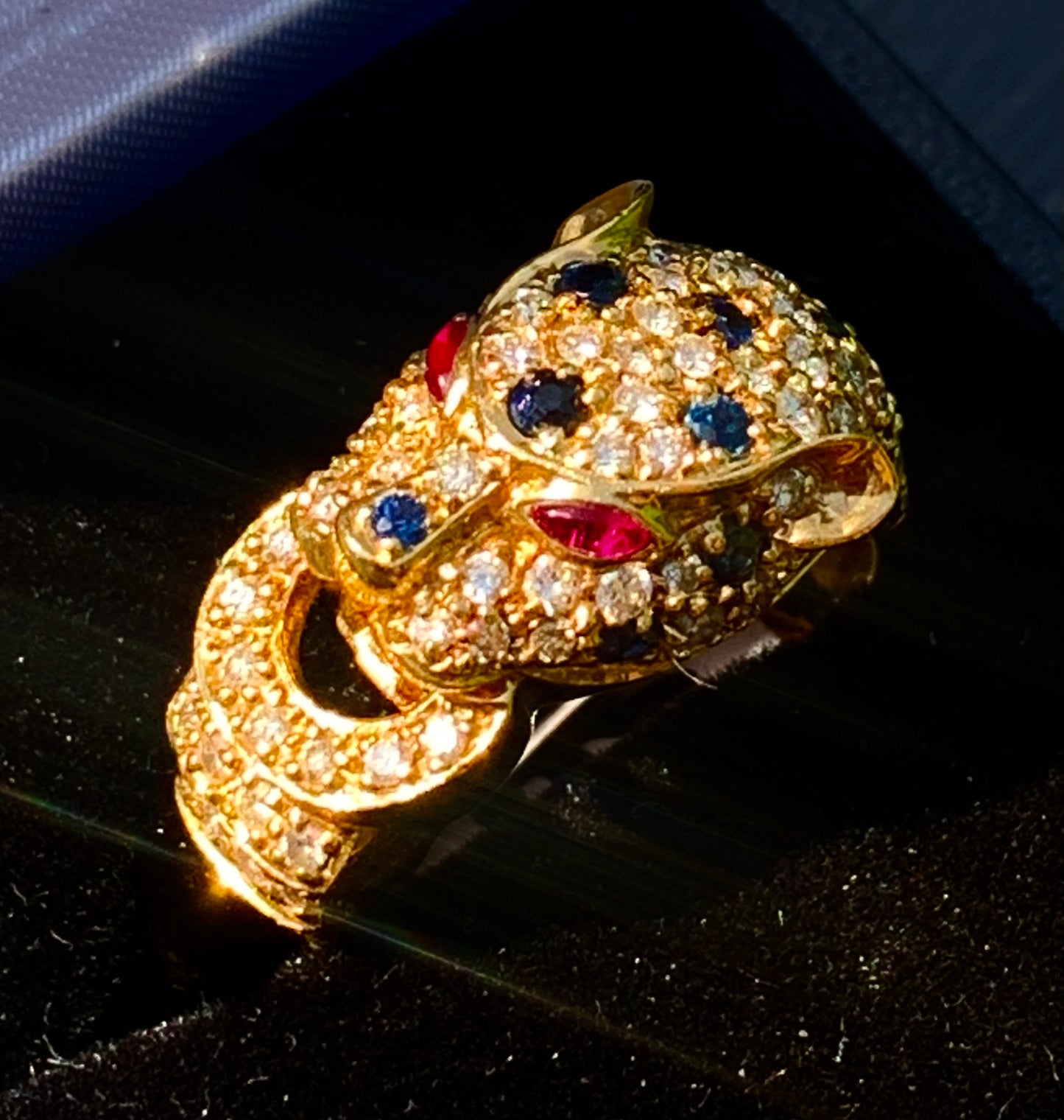 Cartier Style Panther Diamond, Sapphire & Ruby 14ct Gold Ring - Size N