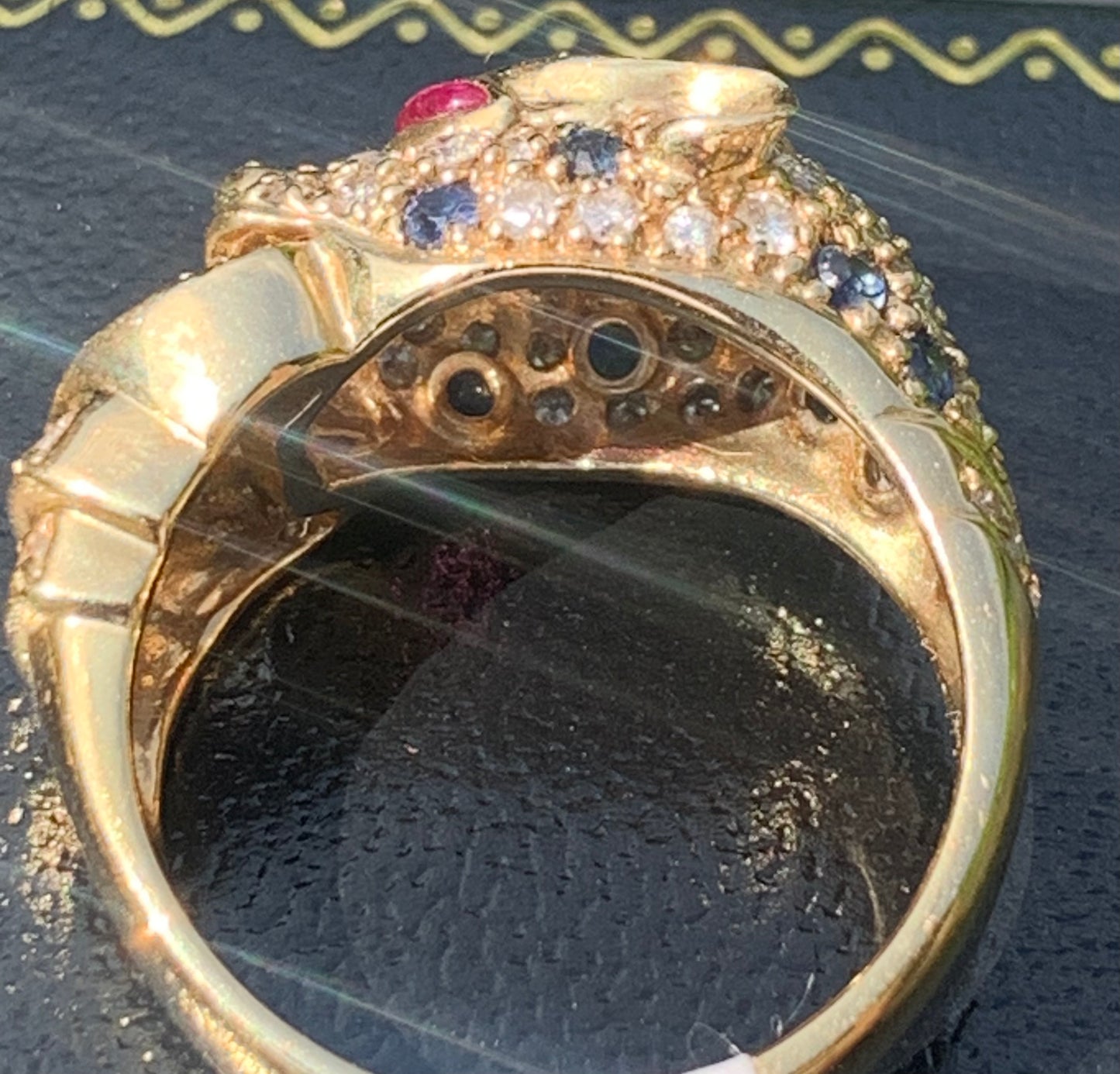 Cartier Style Panther Diamond, Sapphire & Ruby 14ct Gold Ring - Size N