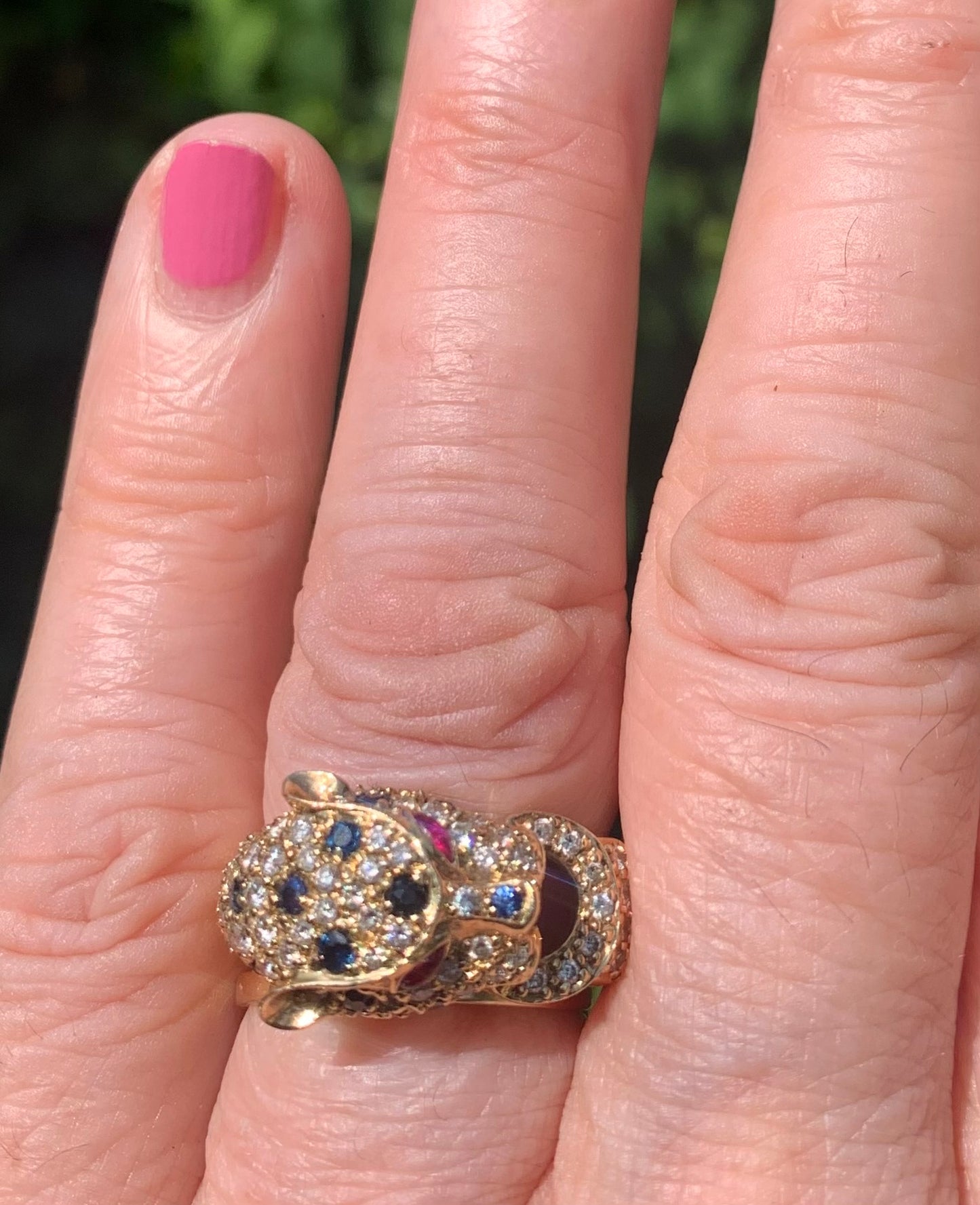 Cartier Style Panther Diamond, Sapphire & Ruby 14ct Gold Ring - Size N