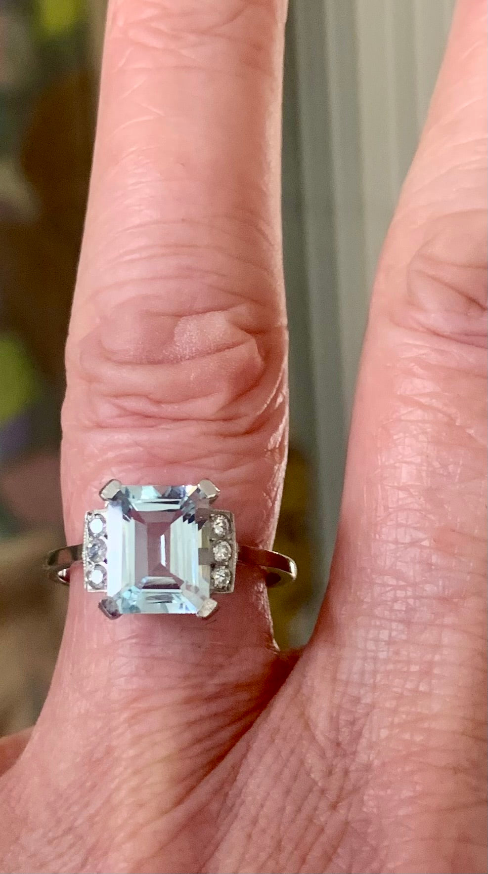 Emerald Cut Aquamarine & Diamond Accents on Platinum Ring (Size O)