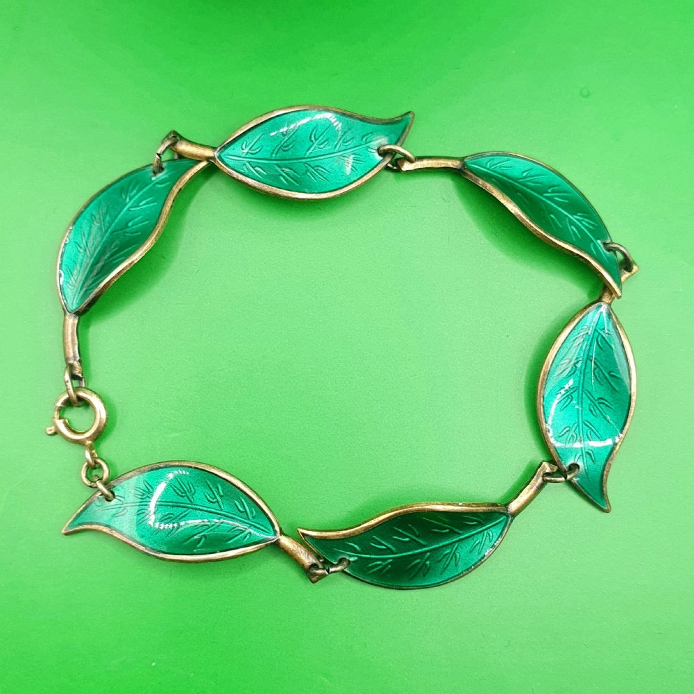 David Anderson Emerald Green Guilloche Enamel Single Leaf Bracelet & Clip-on Earring Set