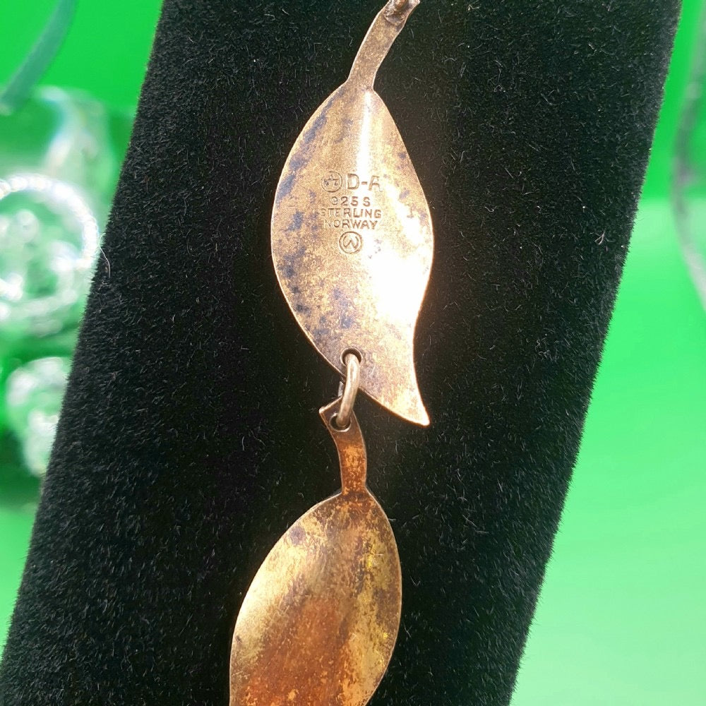 David Anderson Emerald Green Guilloche Enamel Single Leaf Bracelet & Clip-on Earring Set