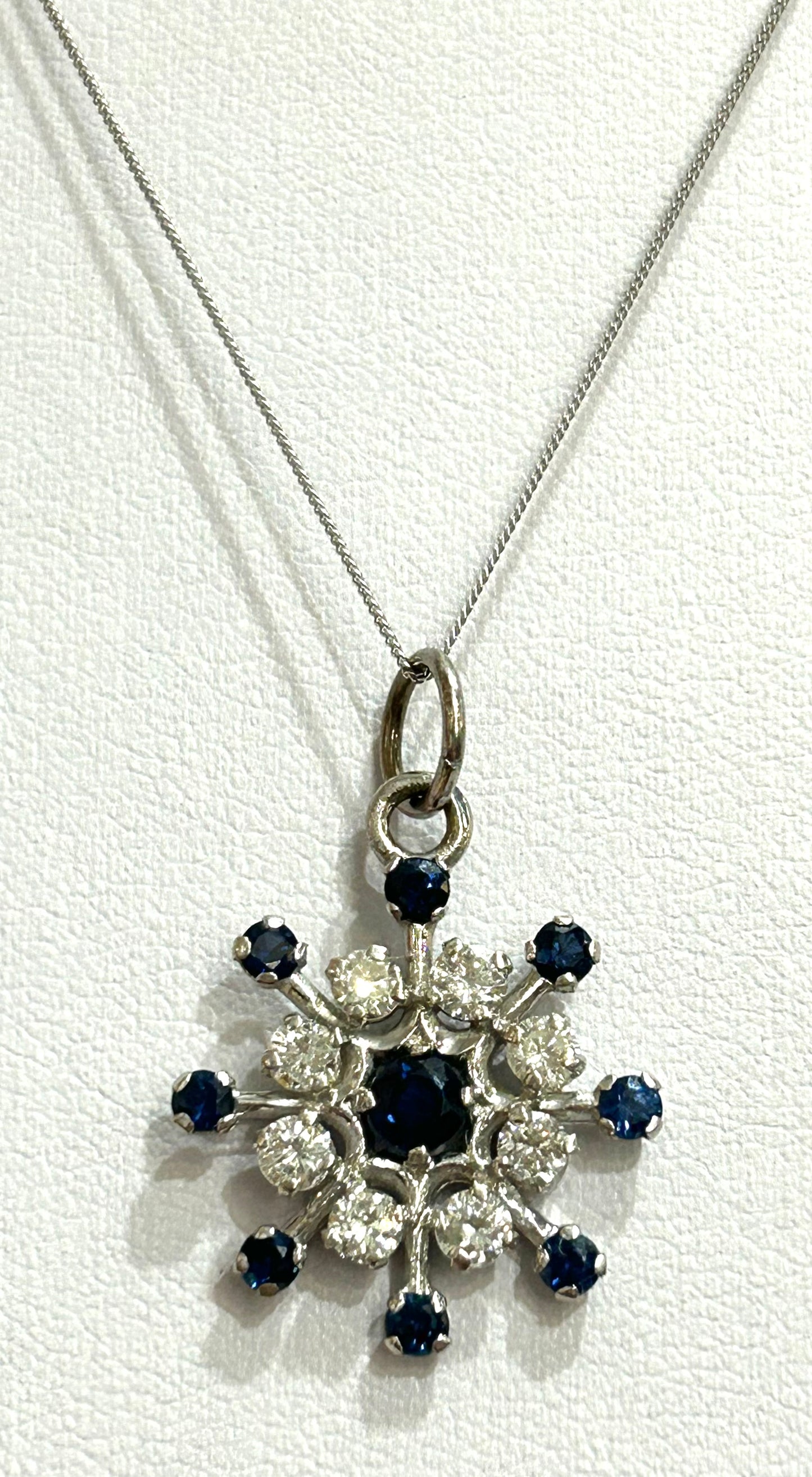 Diamond & Sapphire 18ct White Snowflake Pendant on 9ct White Gold Chain.