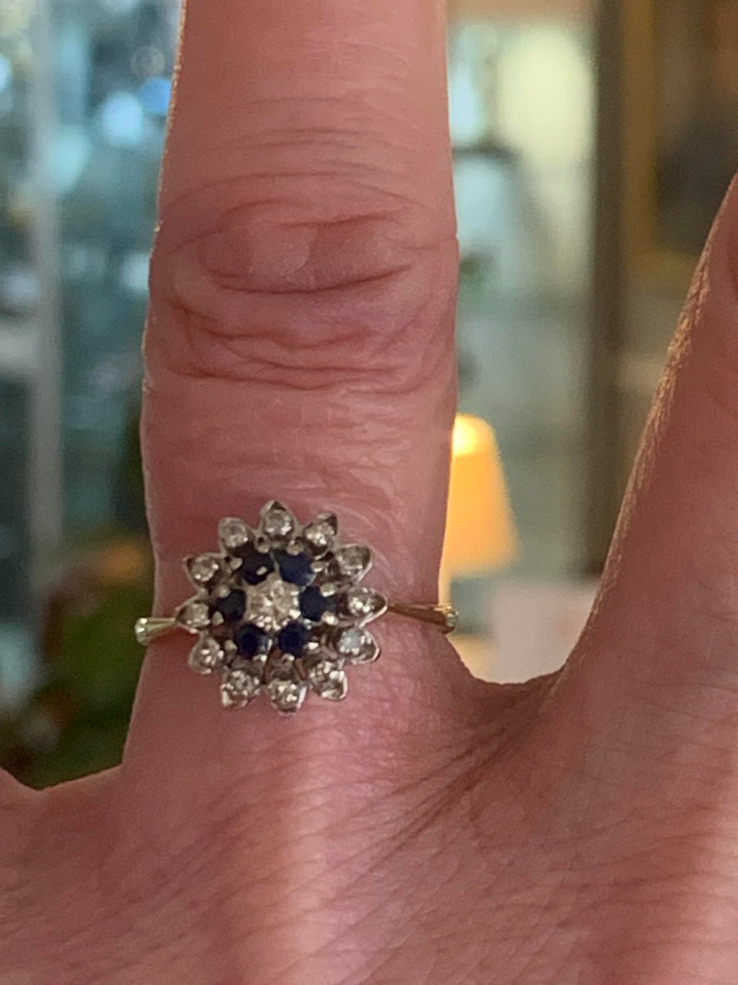 Antique Sapphire & Diamond Halo Platinum Set Target 18ct Gold Ring - Size L