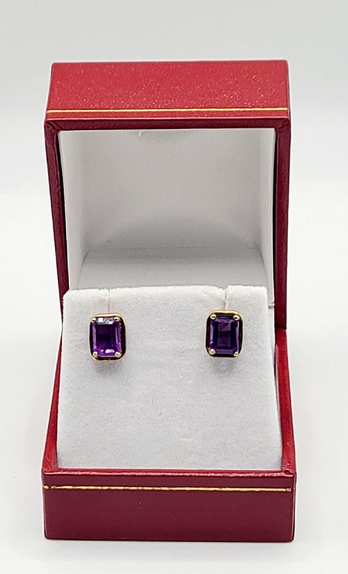 9ct Gold Amethyst Emerald Cut Earrings
