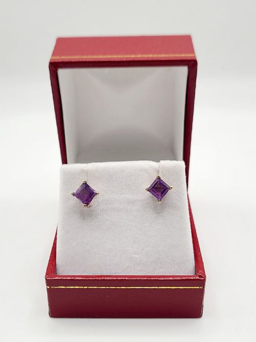 Princess Cut Amethyst 9ct Gold Stud Earrings