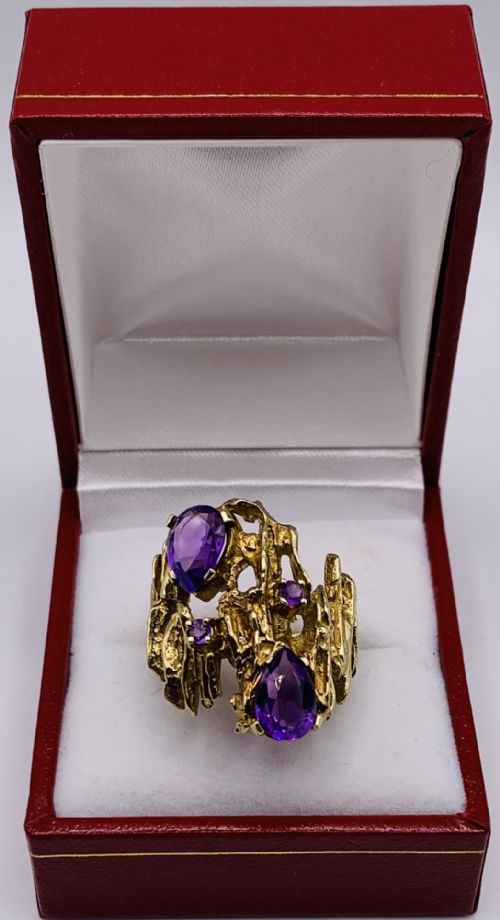 Vintage Pear Drop Amethyst Designer 8ct Gold Ring (M1/2)