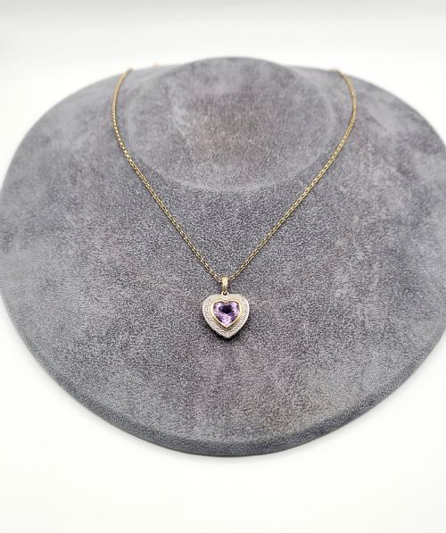 9ct Gold Amethyst & Diamond Heart Pendant & Gold Chain